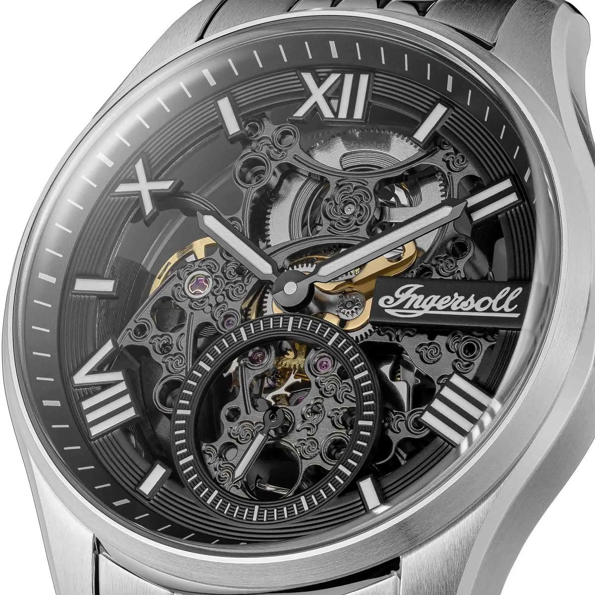 Silberne Automatikuhr mit skelettiertem Zifferblatt