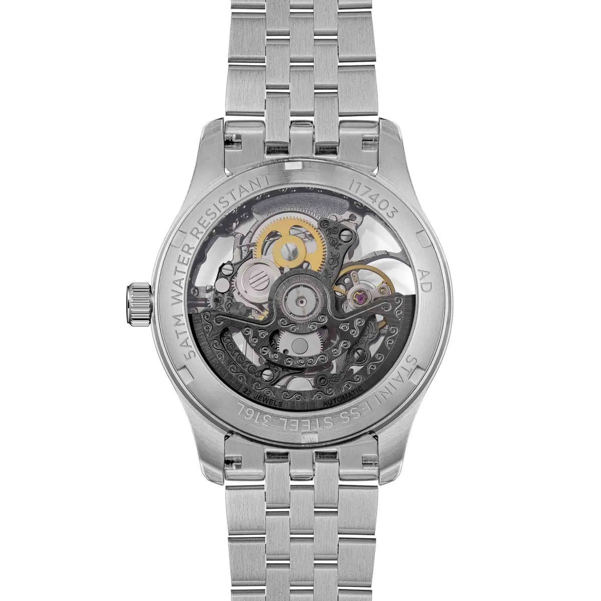 Silberne Automatikuhr mit skelettiertem Zifferblatt