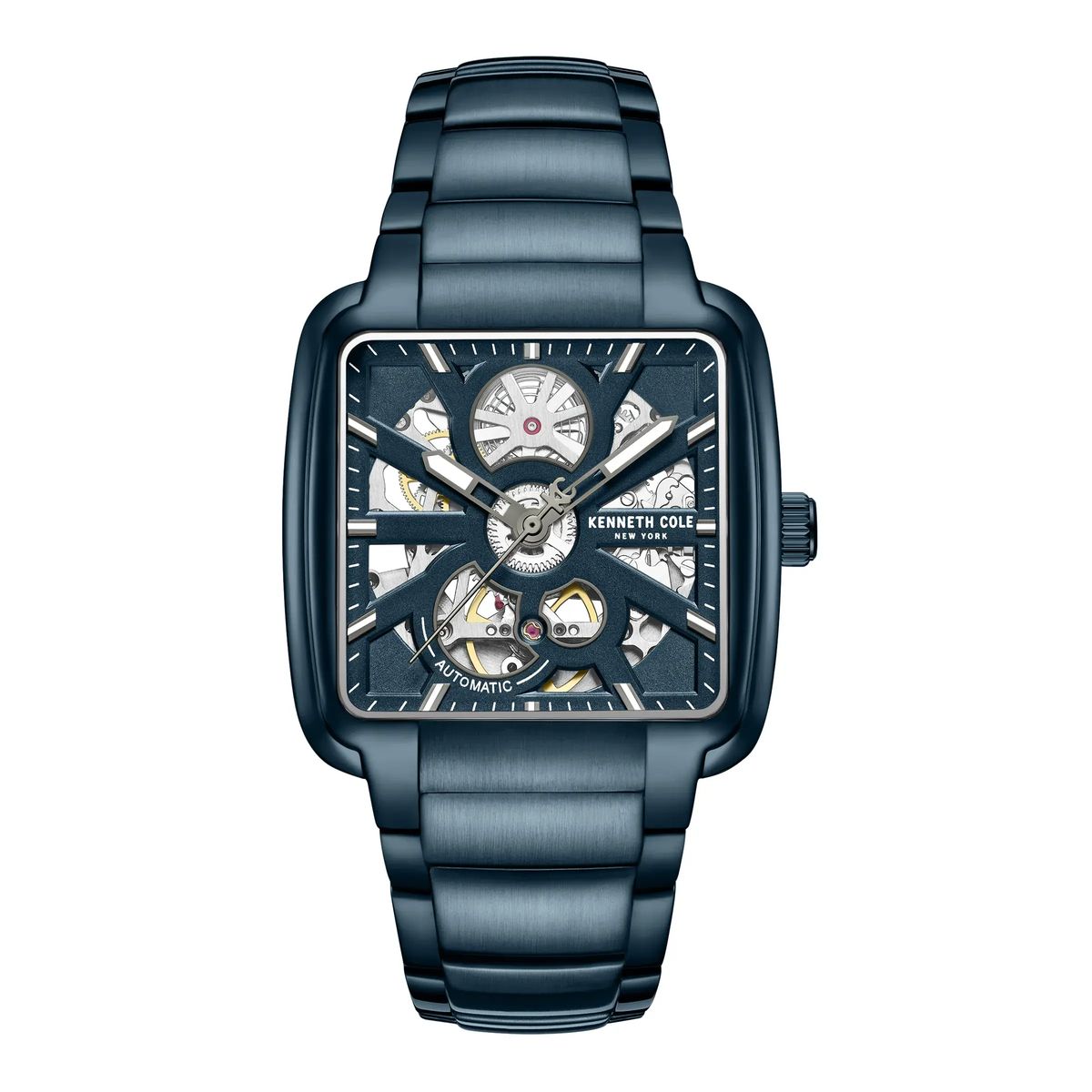 Blaue quadratische automatische Skelett-Uhr