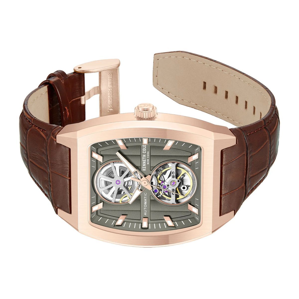 Moderne rechteckige Automatikuhr mit braunem Armband