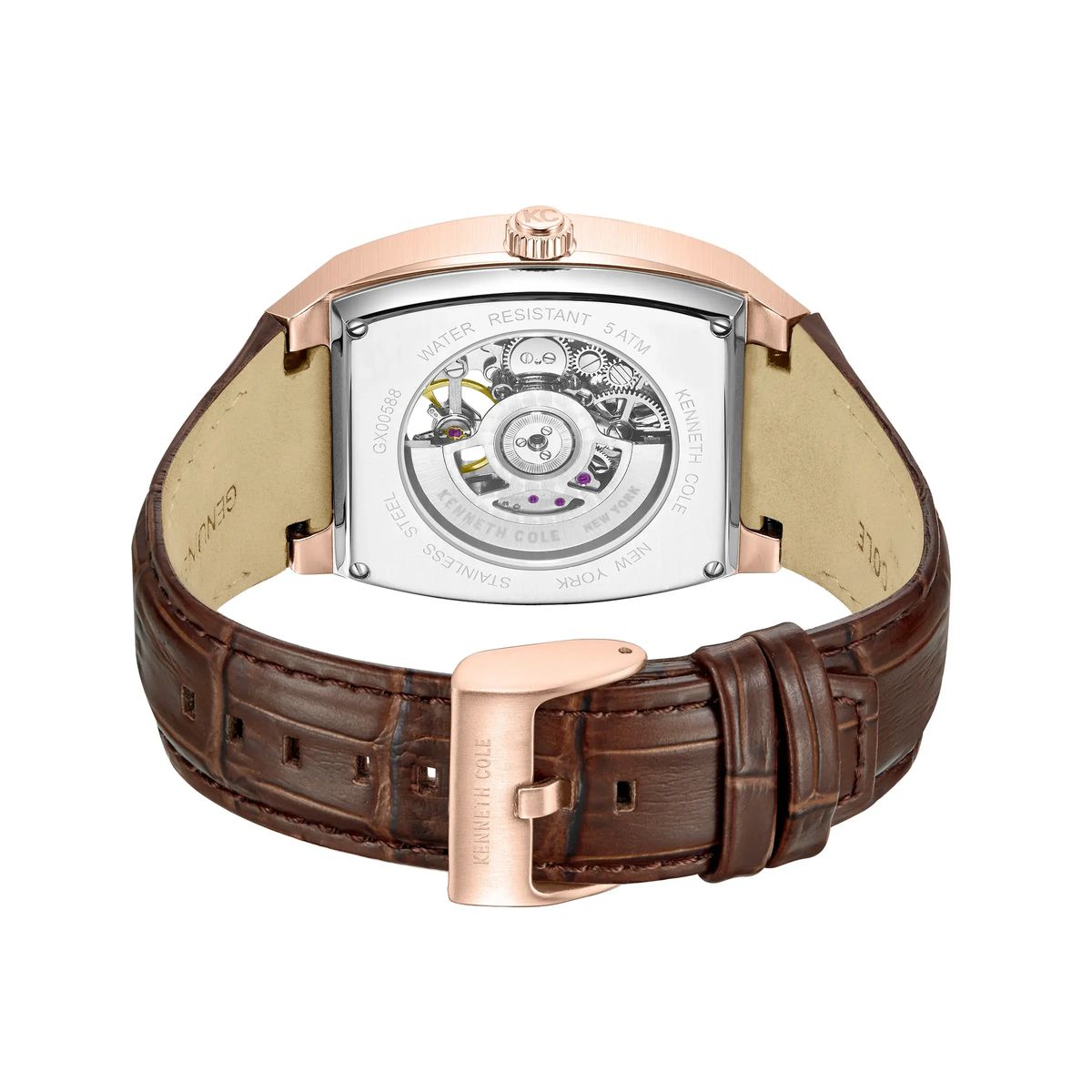 Moderne rechteckige Automatikuhr mit braunem Armband