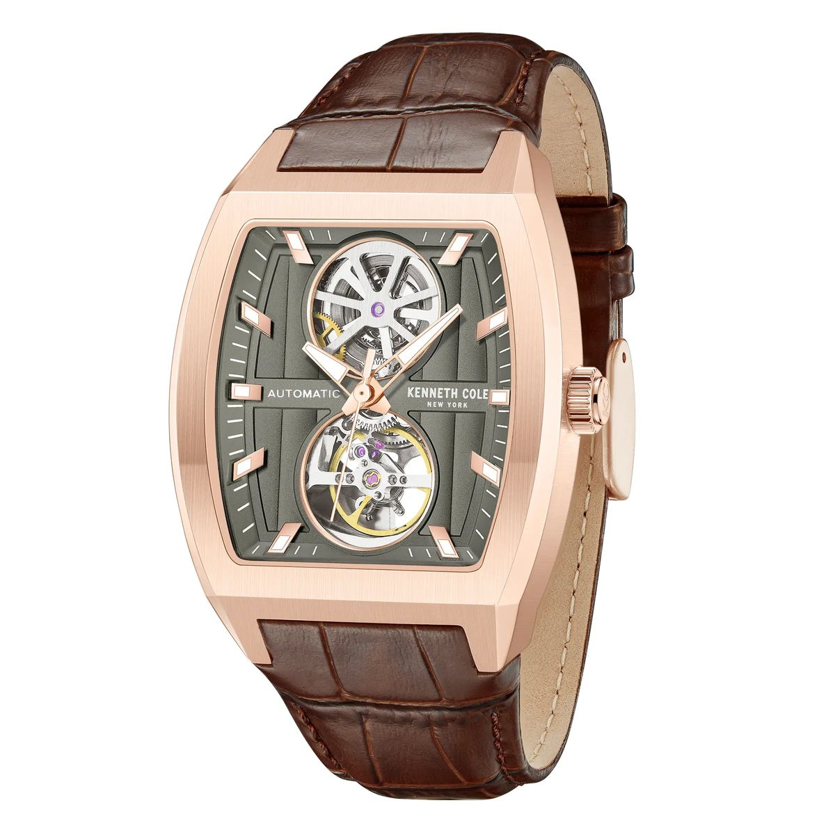 Moderne rechteckige Automatikuhr mit braunem Armband