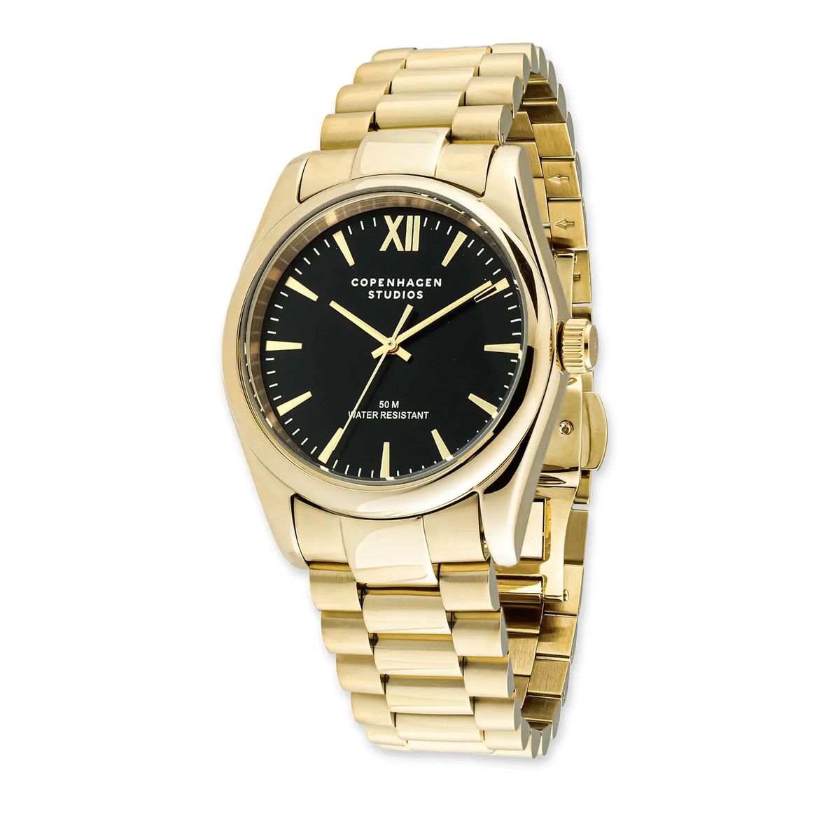 Elegante, goldfarbene, runde Armbanduhr