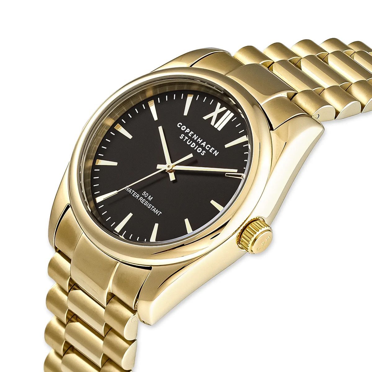 Elegante, goldfarbene, runde Armbanduhr