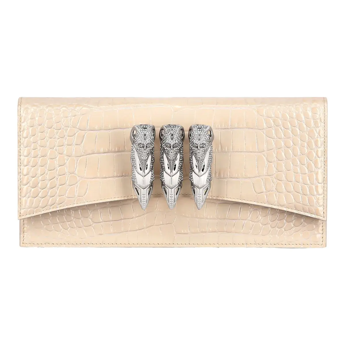 Beige Clutch mit Krokoprägung und Totenköpfen