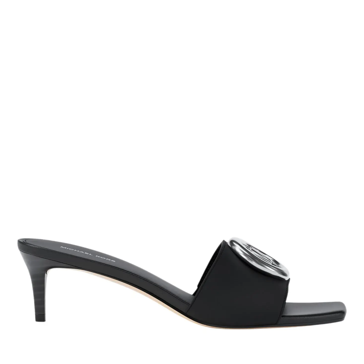 Schwarze Mule-Sandale mit Absatz und Logo