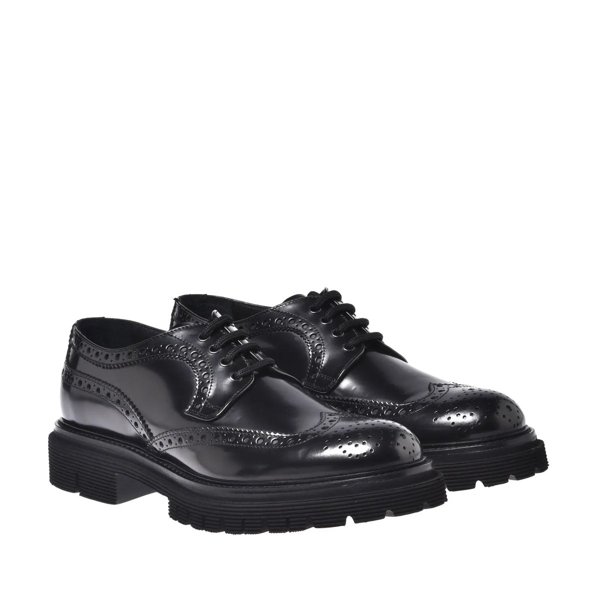 Schwarze Leder Wingtip Plateau Derby Schnürschuhe