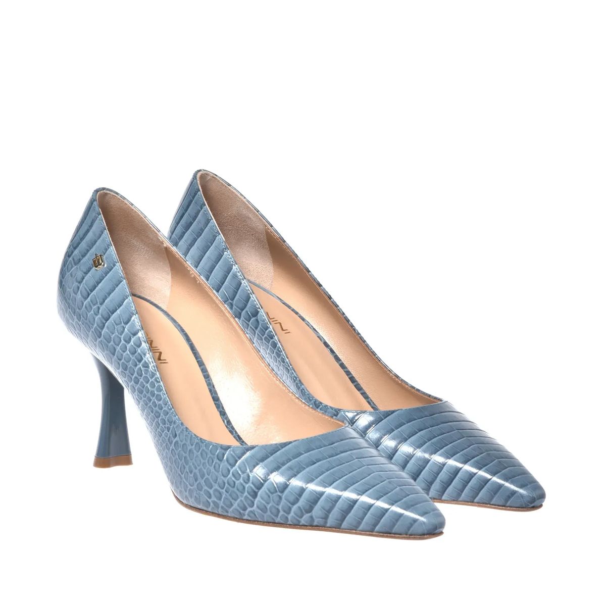 Blaue Pumps mit Krokoprägung und spitzer Zehenpartie