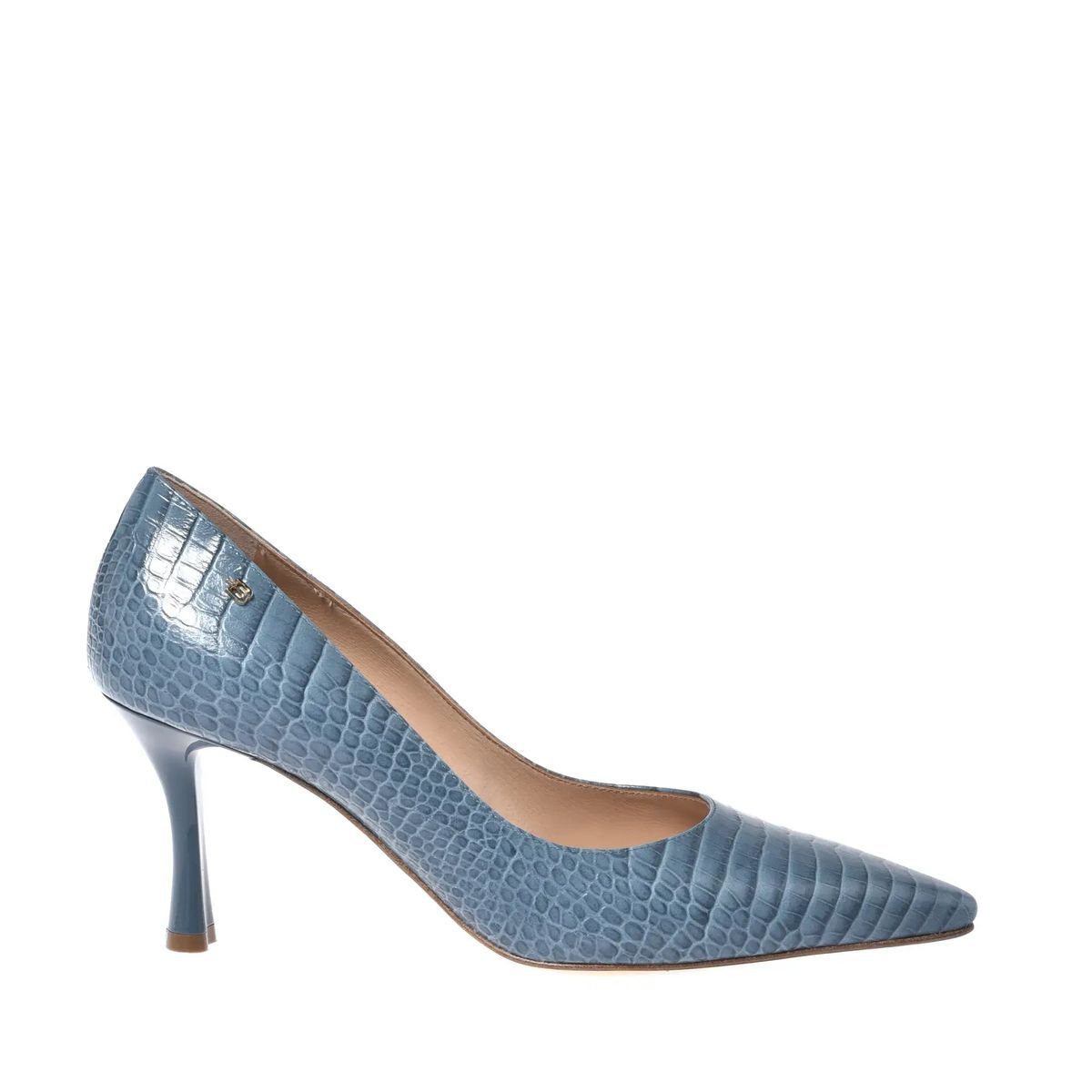 Blaue Pumps mit Krokoprägung und spitzer Zehenpartie