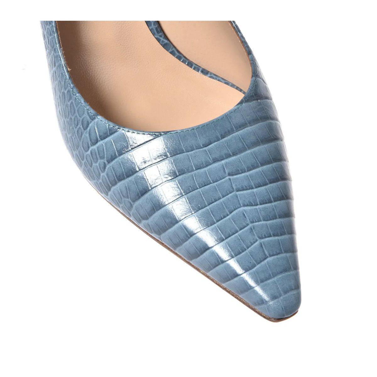 Blaue Pumps mit Krokoprägung und spitzer Zehenpartie