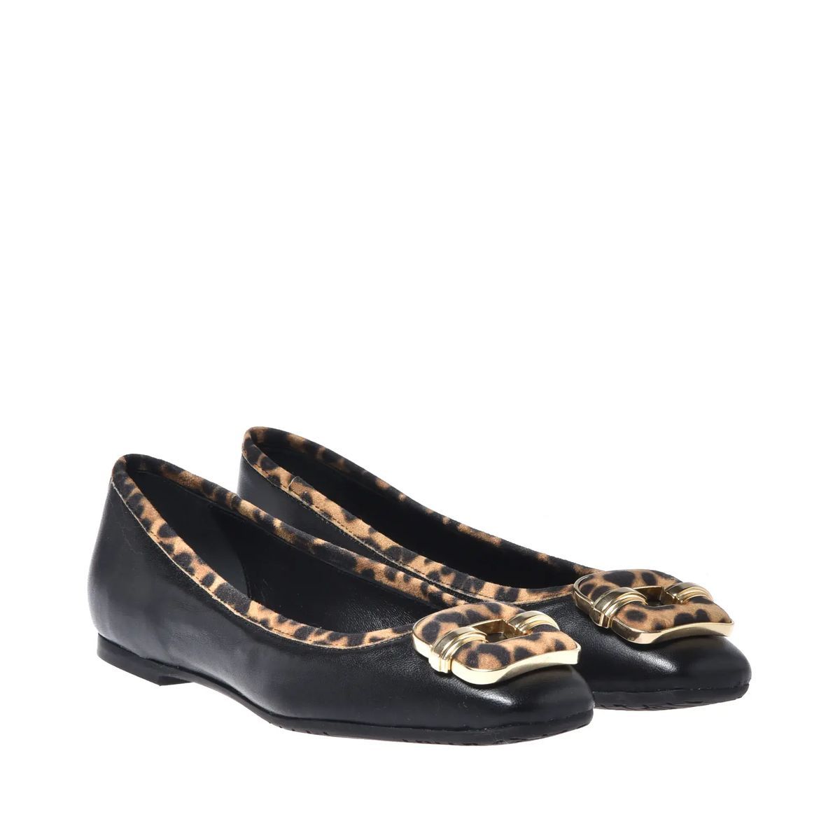 Schwarze Ballerinas aus Leder mit Leopardenmuster