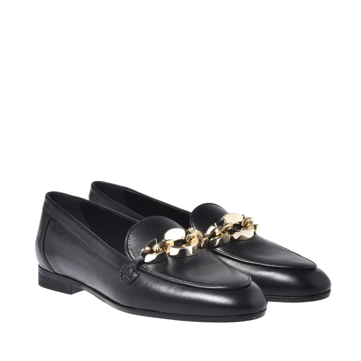 Schwarze Leder Slipper mit Ketten