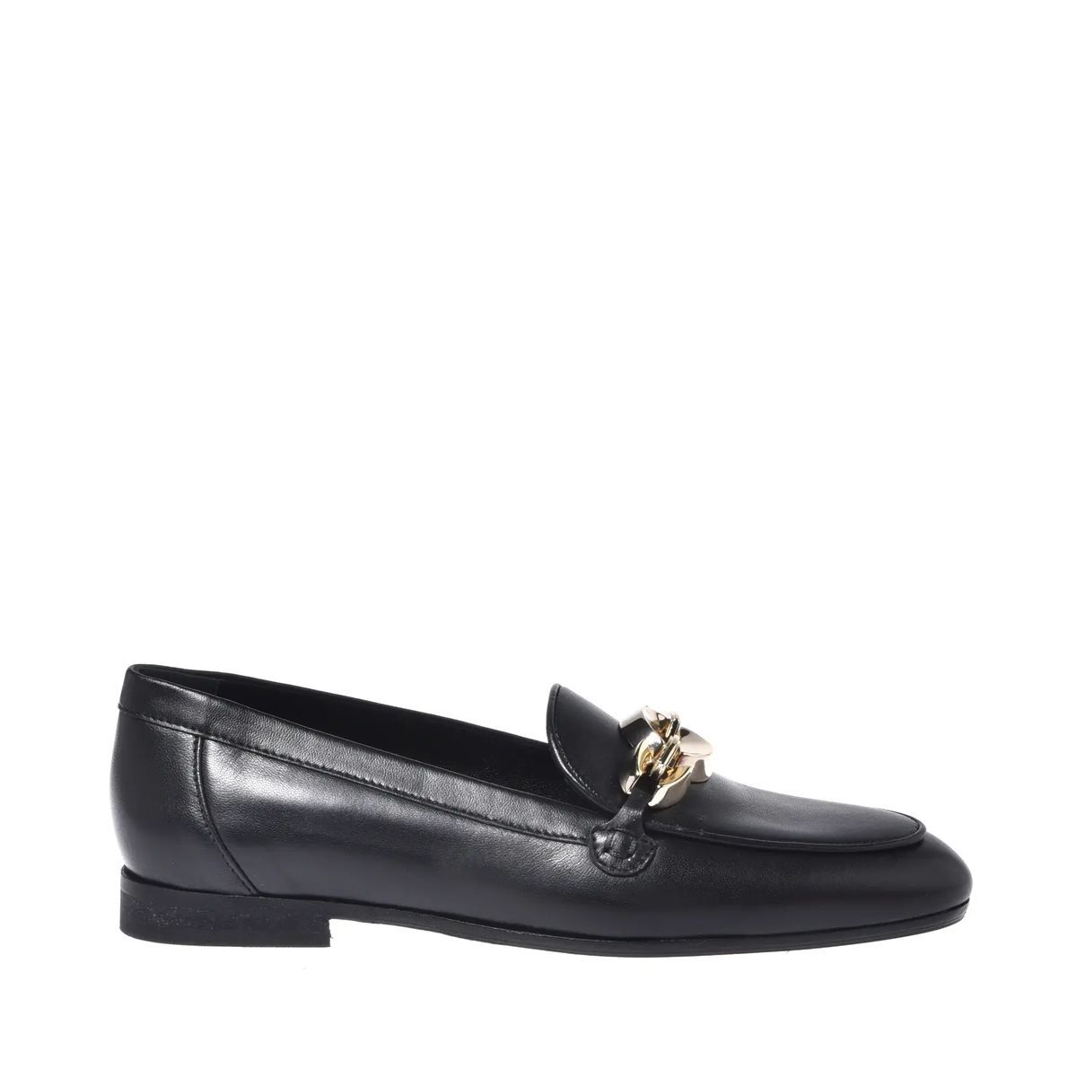 Schwarze Leder Slipper mit Ketten