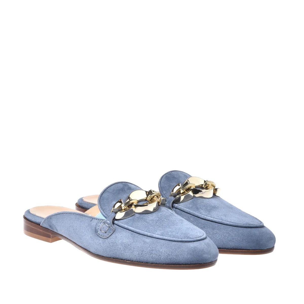 Blaue Wildleder Pantoletten mit Kettendetail