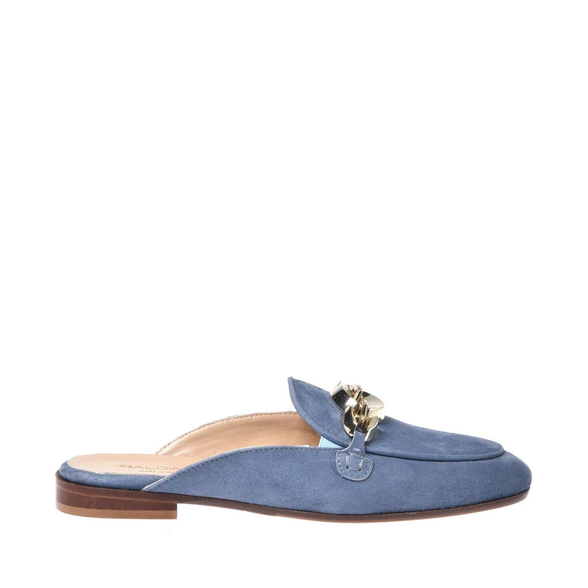 Blaue Wildleder Pantoletten mit Kettendetail