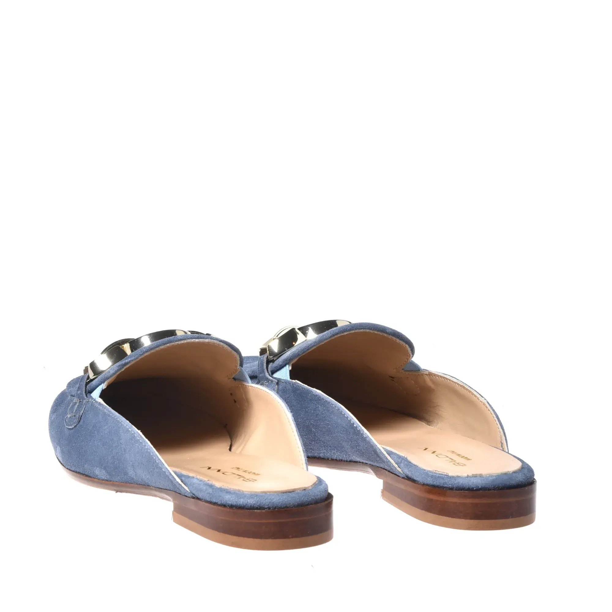 Blaue Wildleder Pantoletten mit Kettendetail