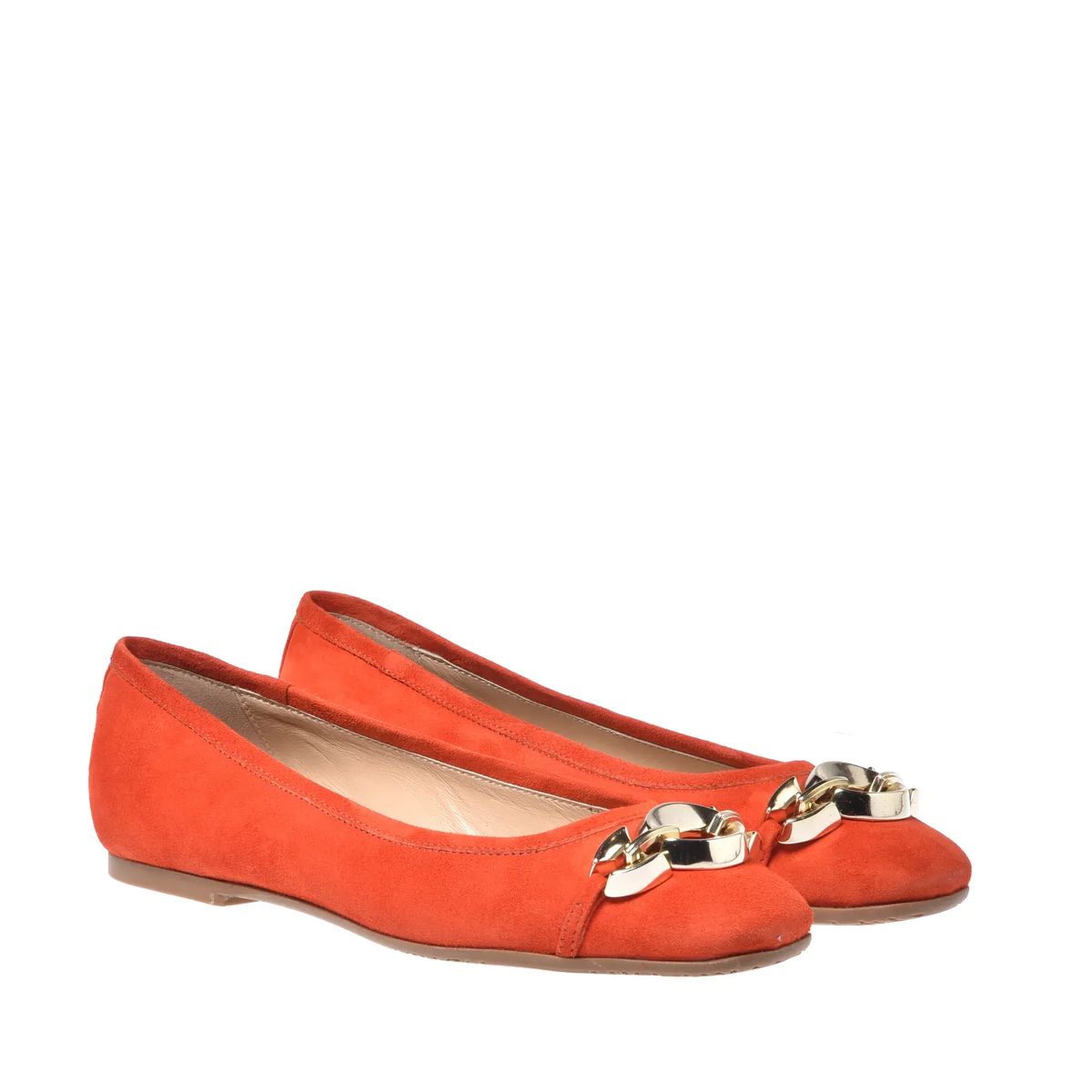 Orangefarbene Wildleder-Ballerinas mit Kette