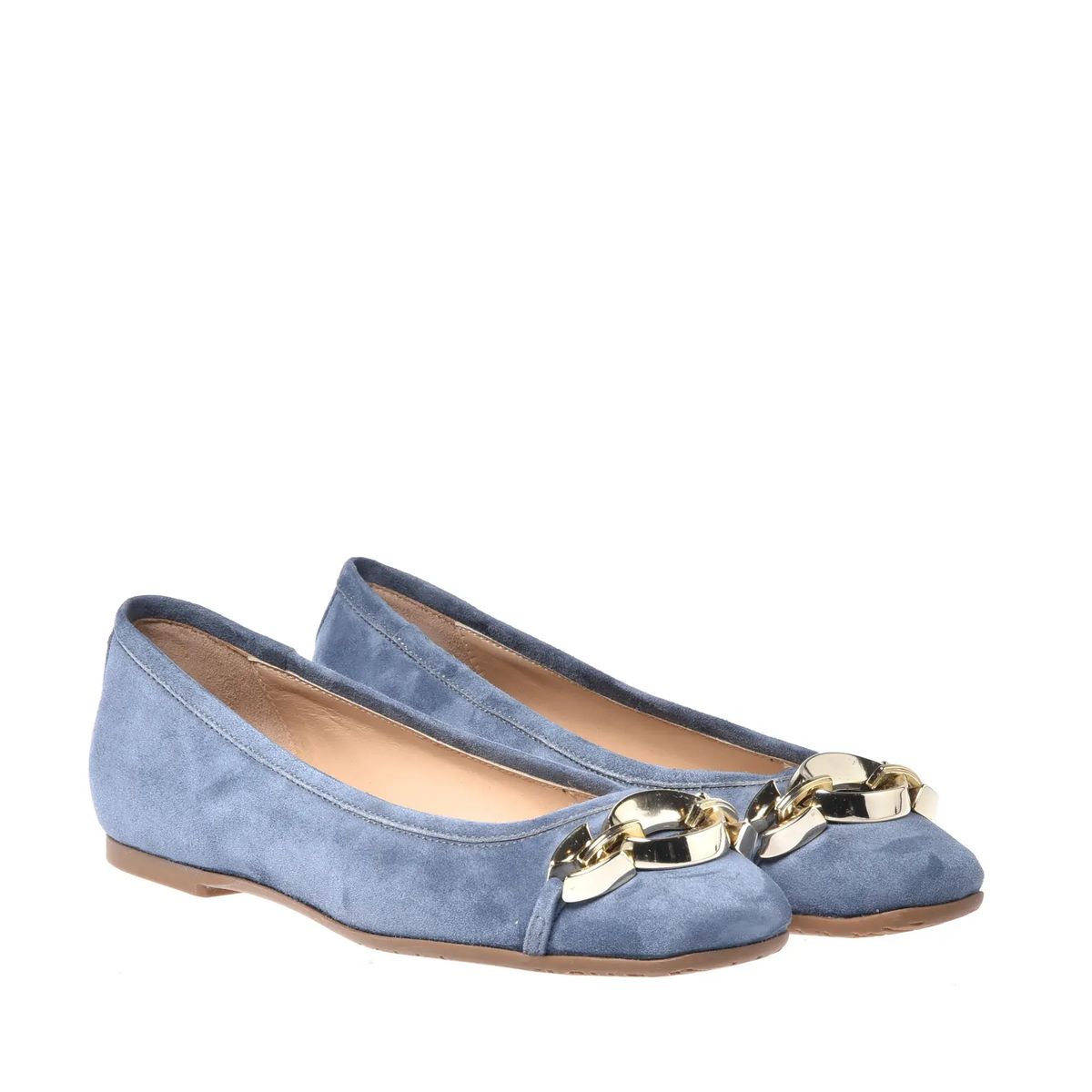 Blaue Wildleder-Ballerinas mit Kettendetail