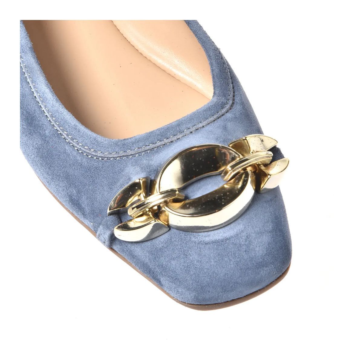 Blaue Wildleder-Ballerinas mit Kettendetail