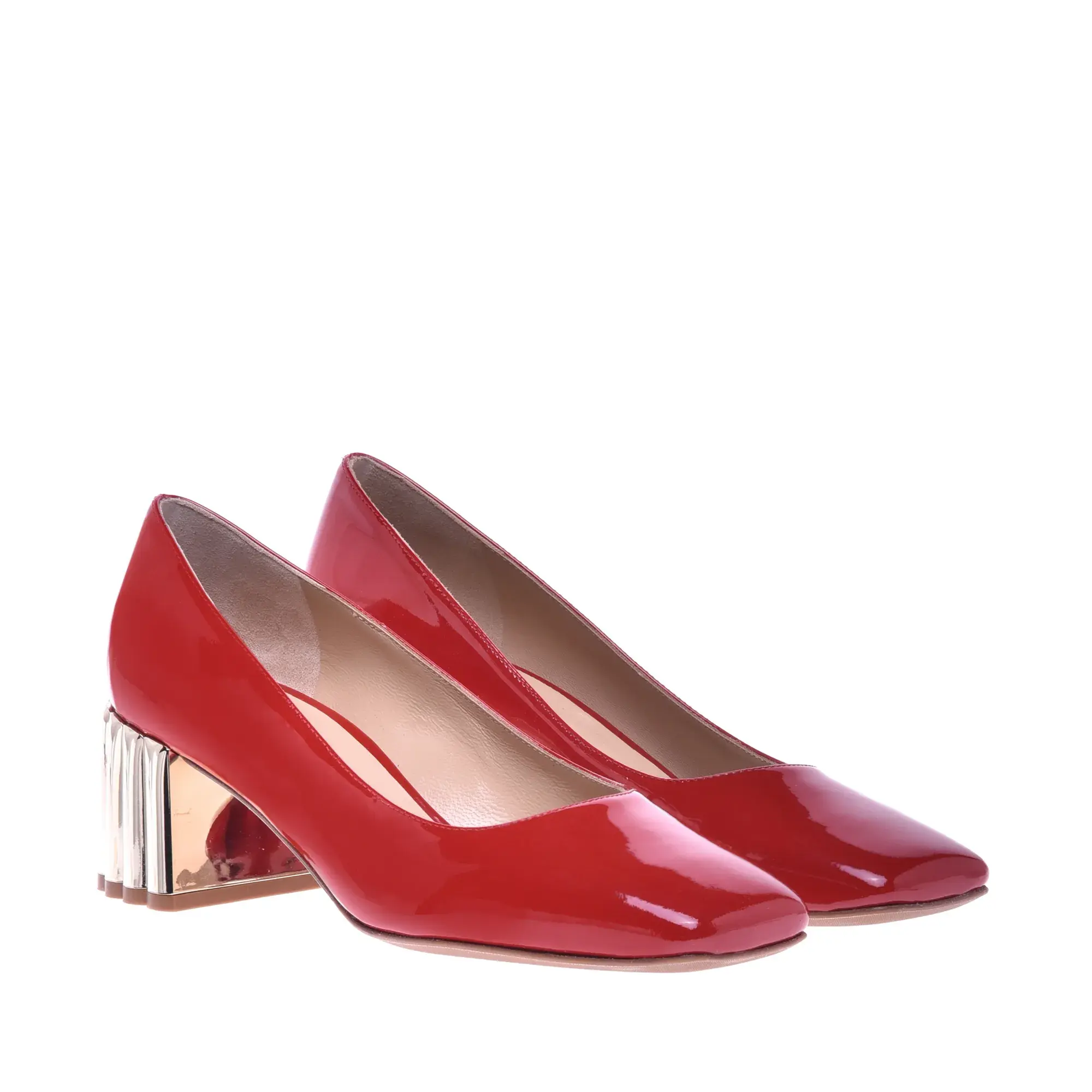Rote Pumps mit Blockabsatz aus Lackleder