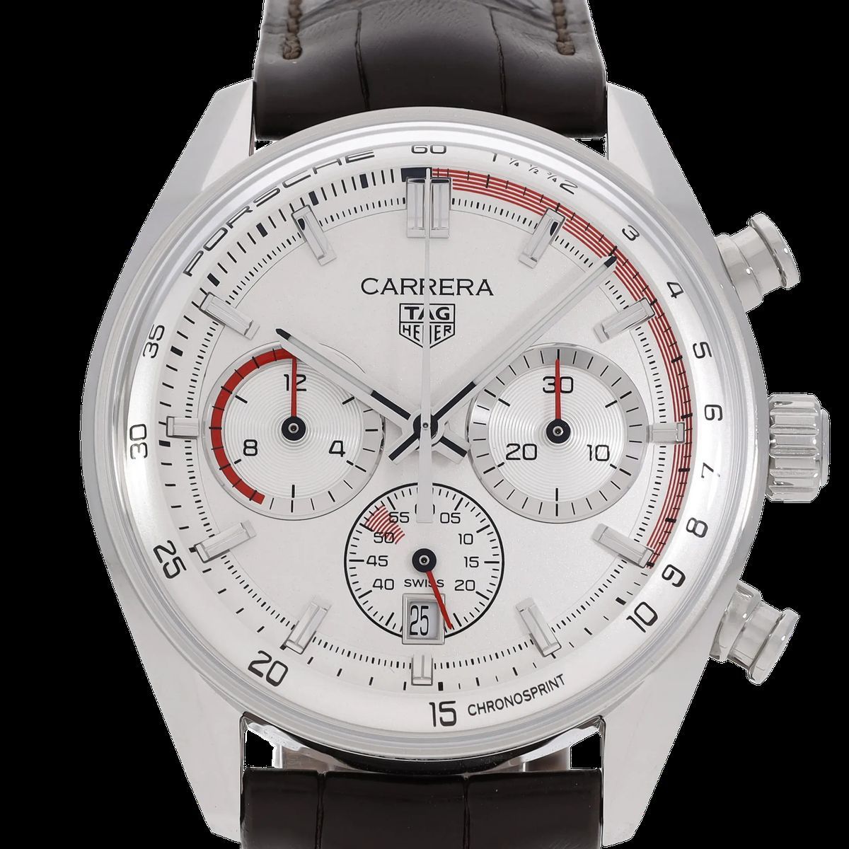Silberner Chronograph mit Lederarmband