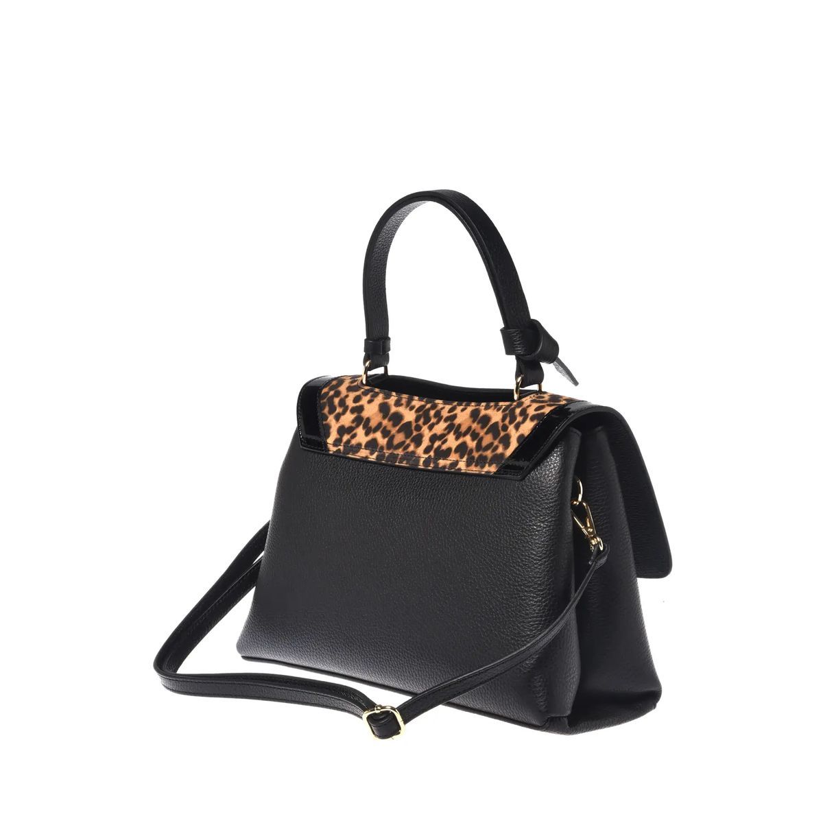 Schwarze Lederhandtasche mit Leopardenmuster