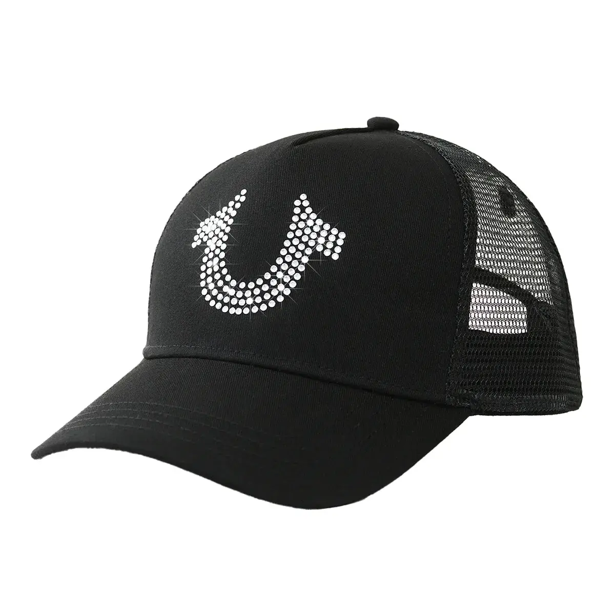 Schwarze Trucker Cap mit Kristall-Hufeisen