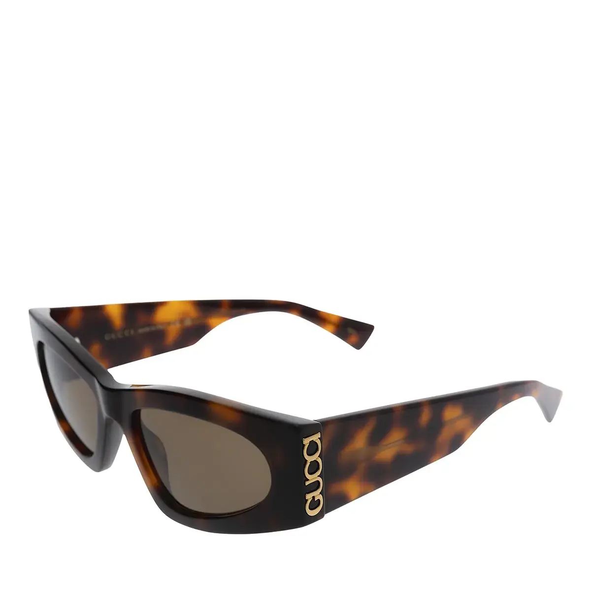 Geometrische Schildpatt-Sonnenbrille mit goldenem Logo