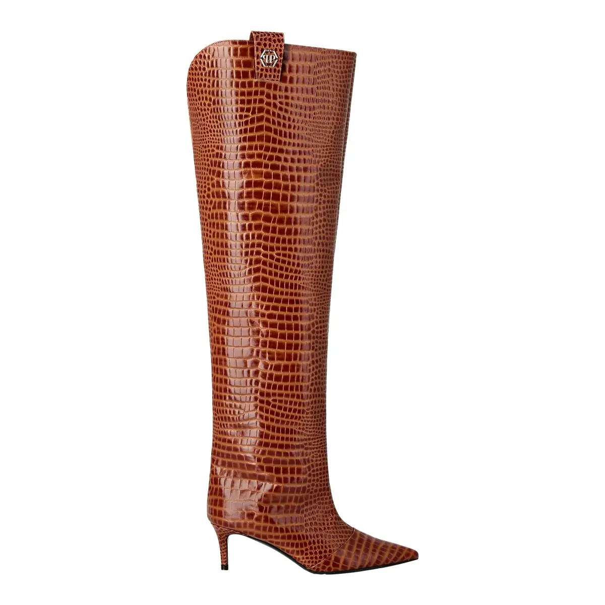 Braune Overknee-Stiefel mit Kroko-Prägung