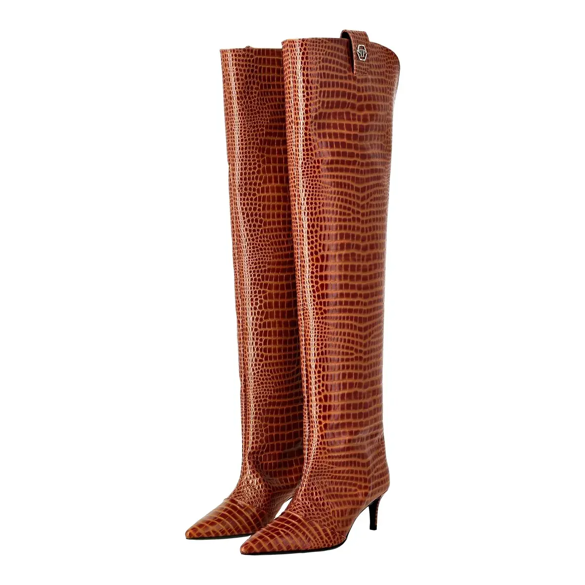 Braune Overknee-Stiefel mit Kroko-Prägung