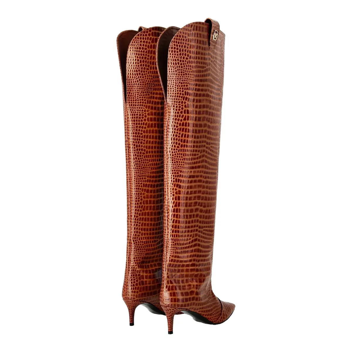 Braune Overknee-Stiefel mit Kroko-Prägung