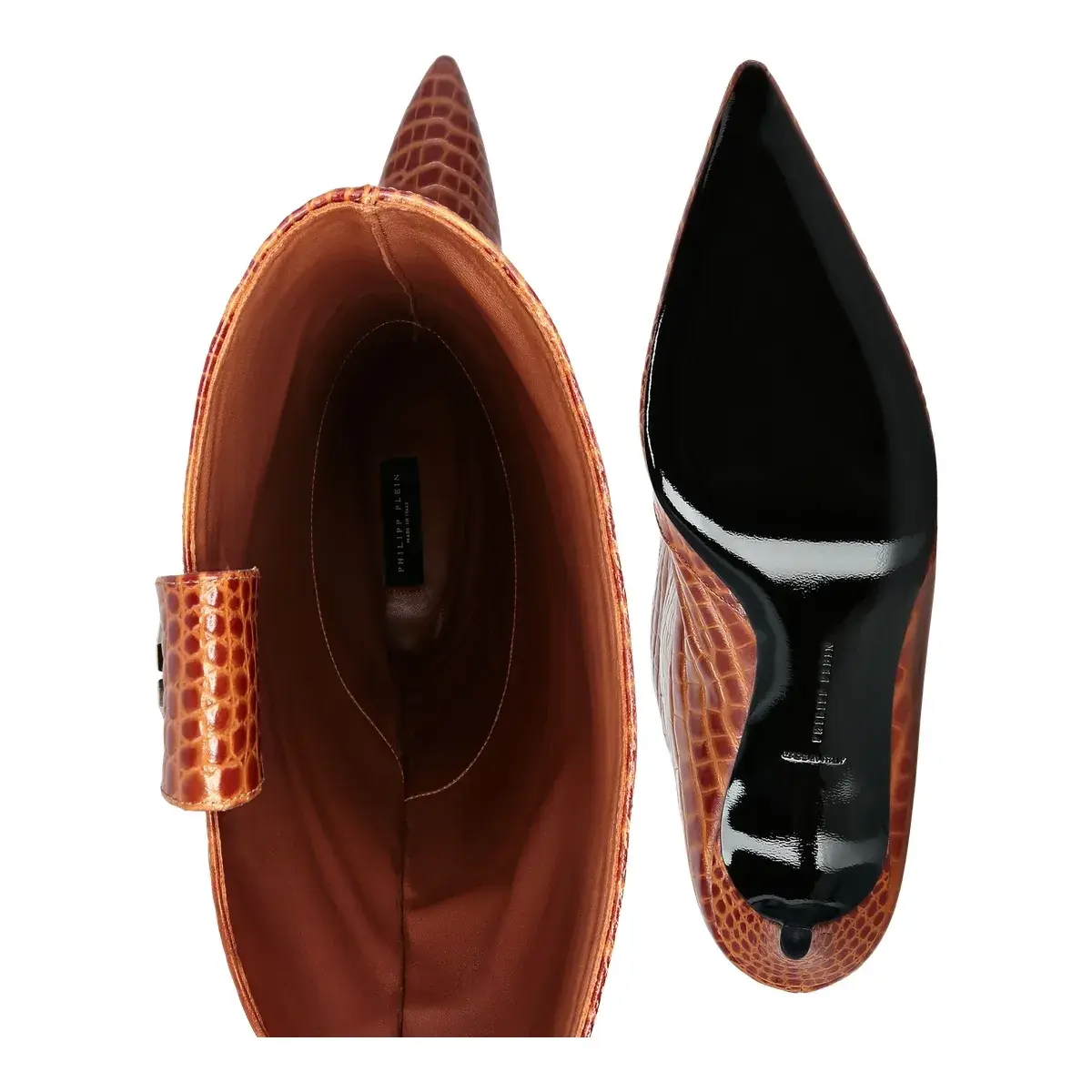 Braune Overknee-Stiefel mit Kroko-Prägung