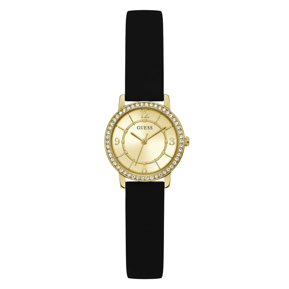 Elegante goldfarbene Uhr mit schwarzem Armband