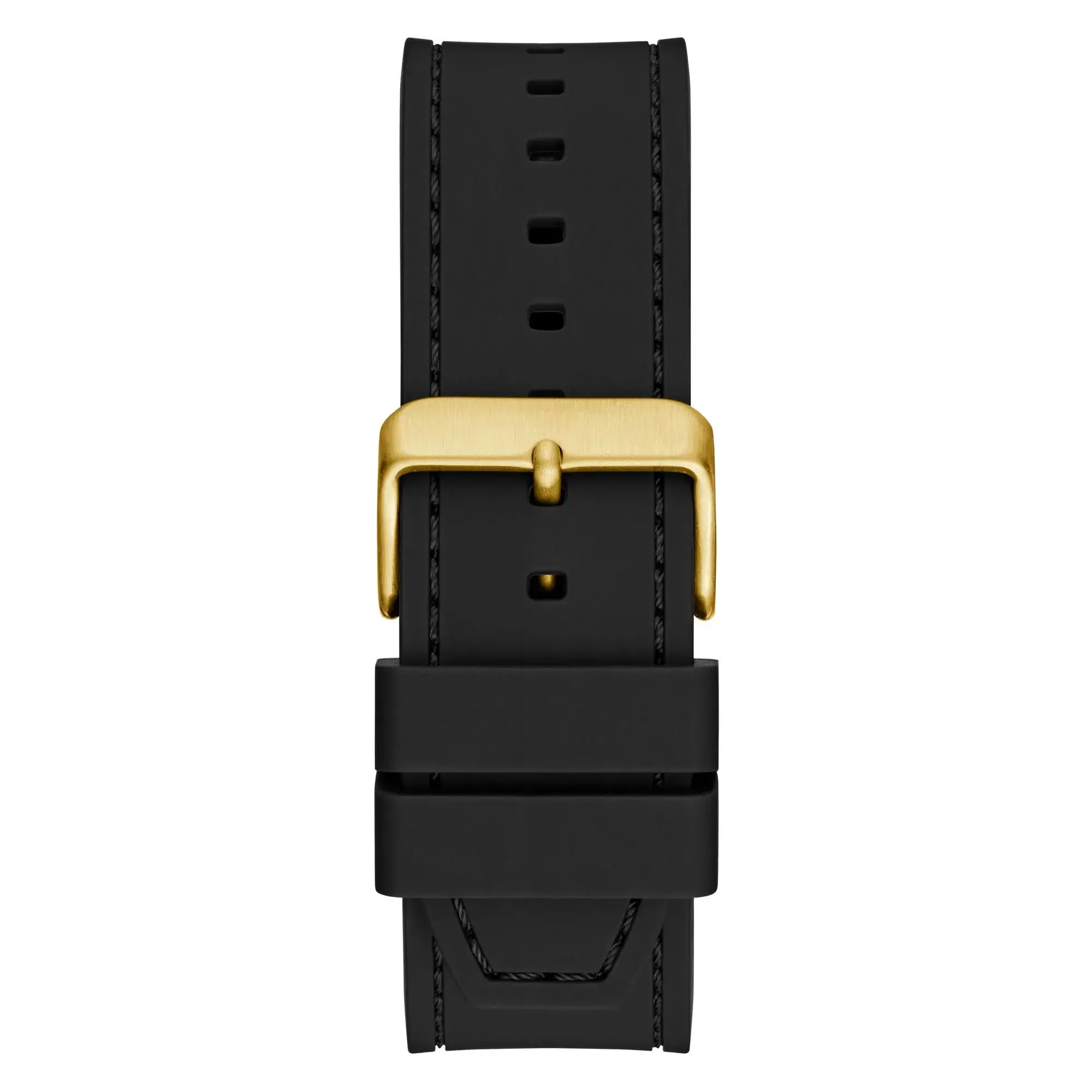 Moderne goldfarbene Uhr mit schwarzem Armband