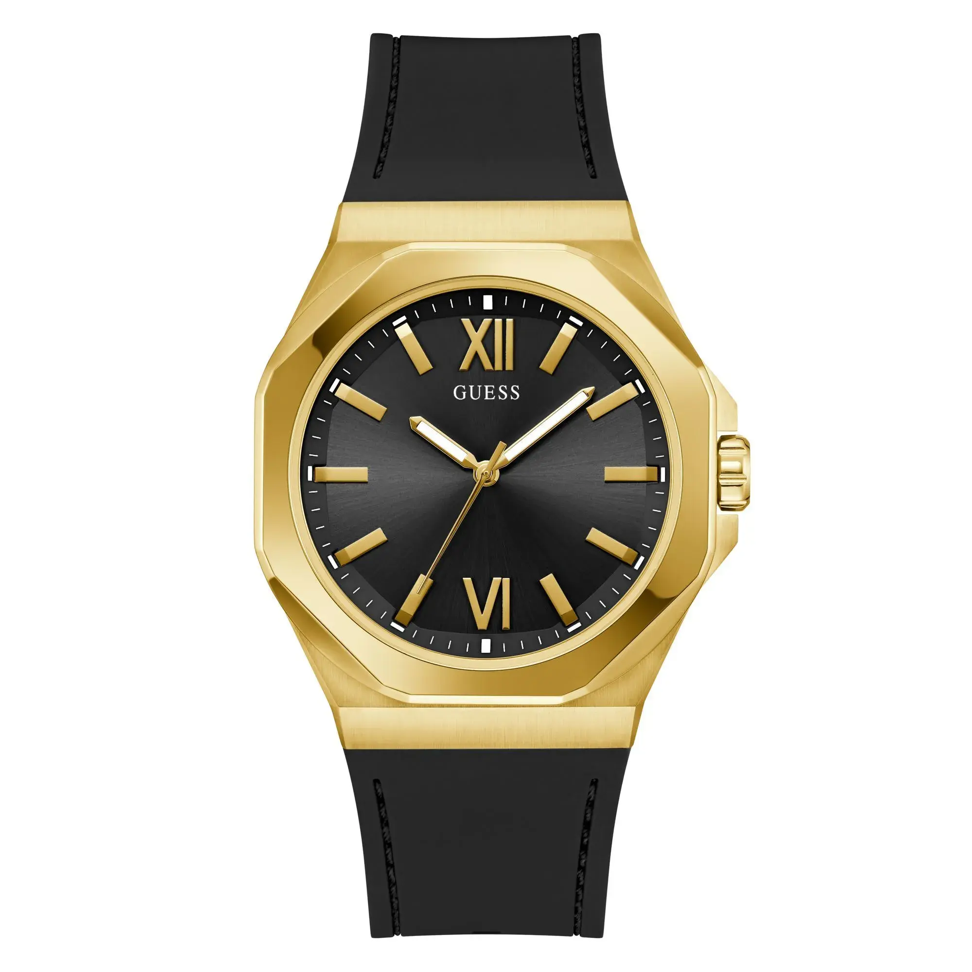 Moderne goldfarbene Uhr mit schwarzem Armband