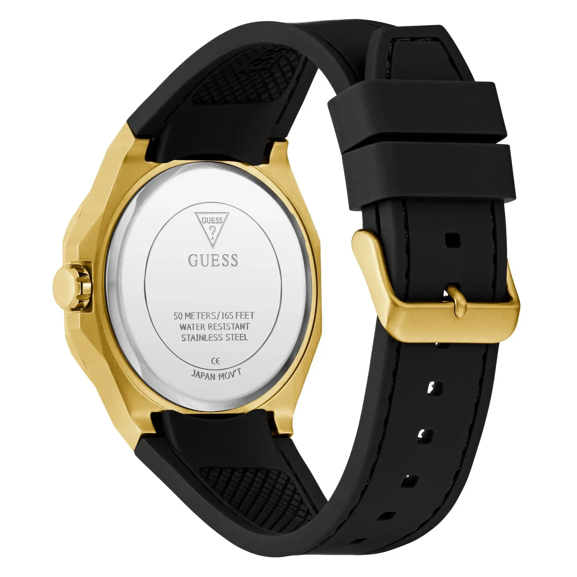 Moderne goldfarbene Uhr mit schwarzem Armband