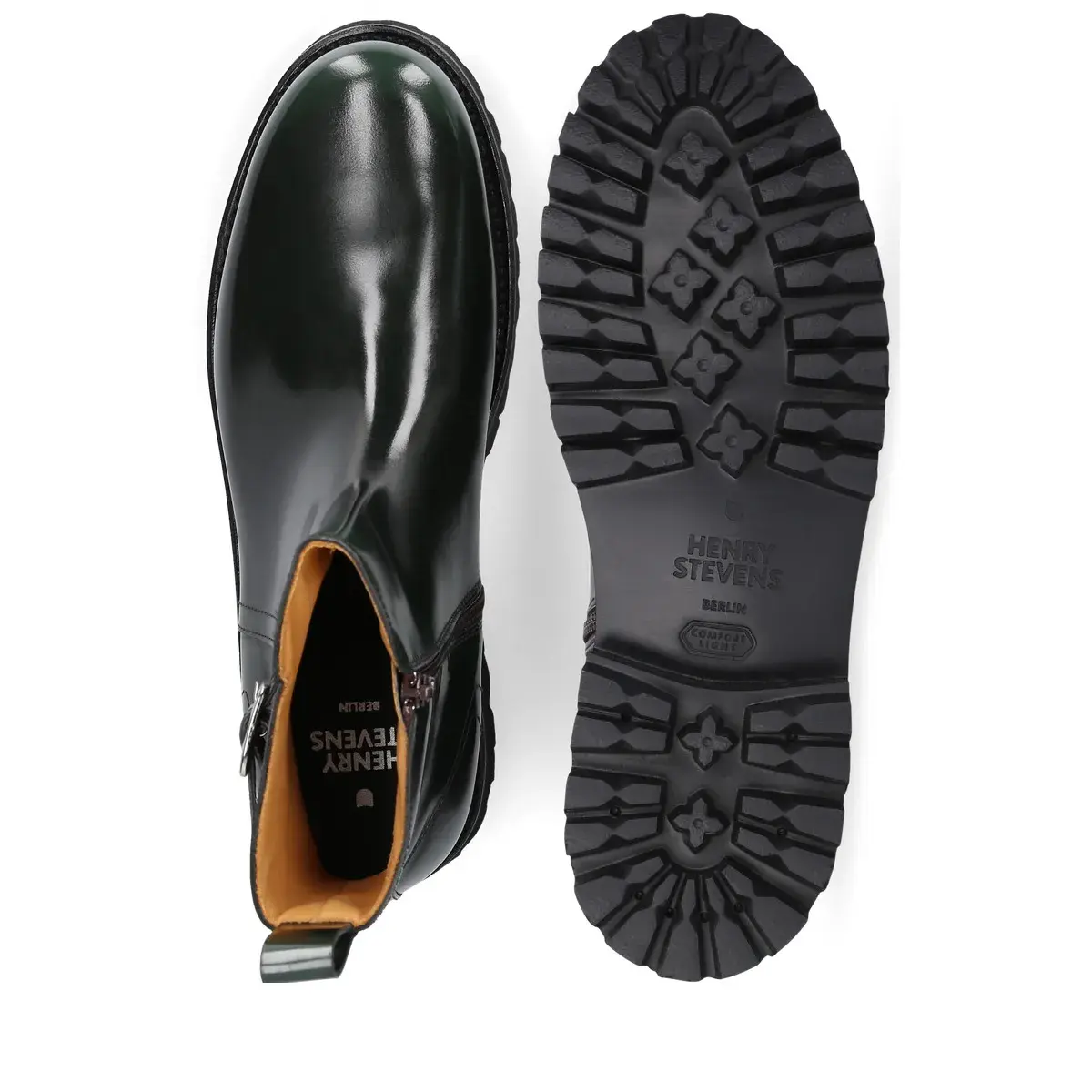 Glänzende grüne Leder-Ankle Boots