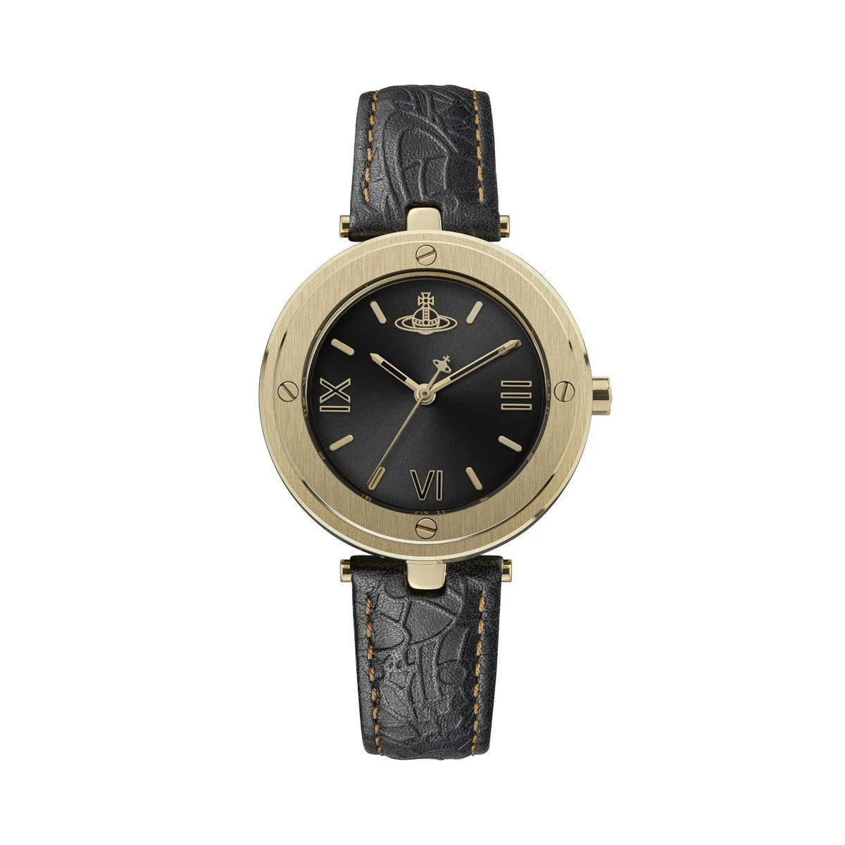Schwarze und goldfarbene Lederuhr