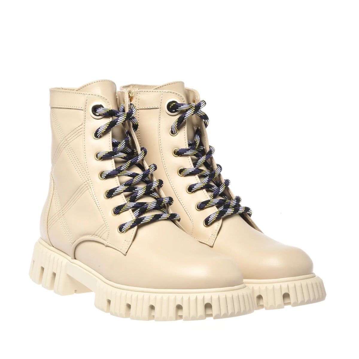 Beige Leder Gesteppte Kampfstiefel