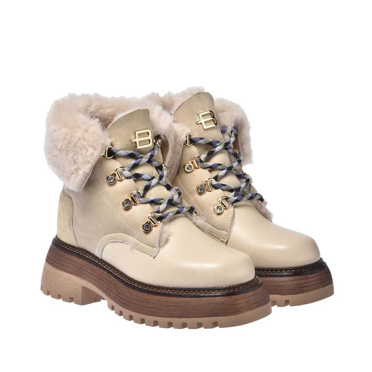 Beige Leder & Shearling Stiefeletten