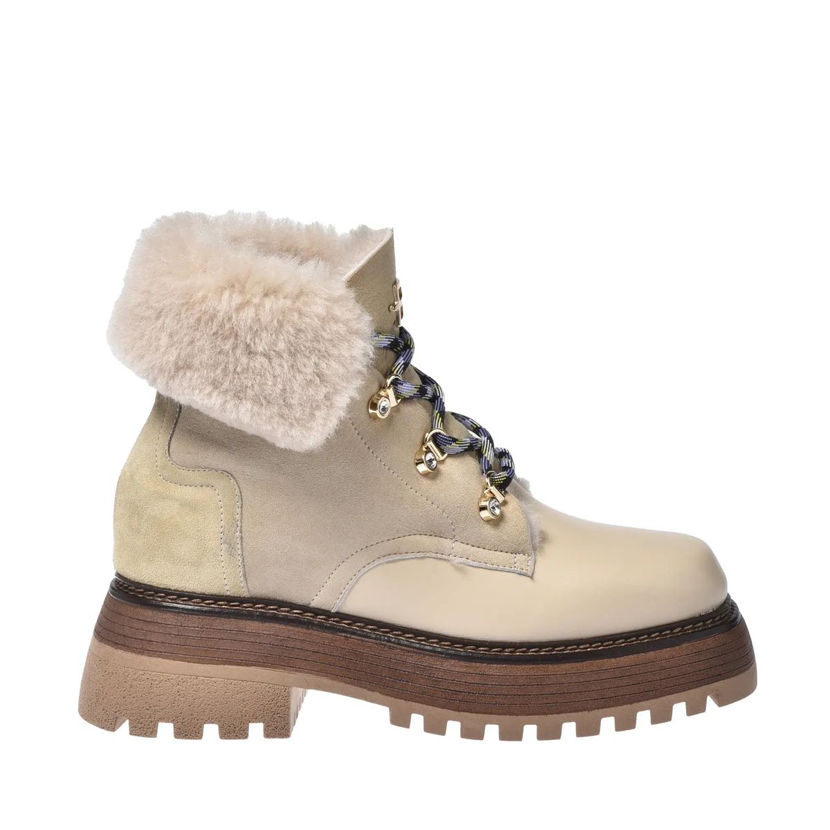 Beige Leder & Shearling Stiefeletten