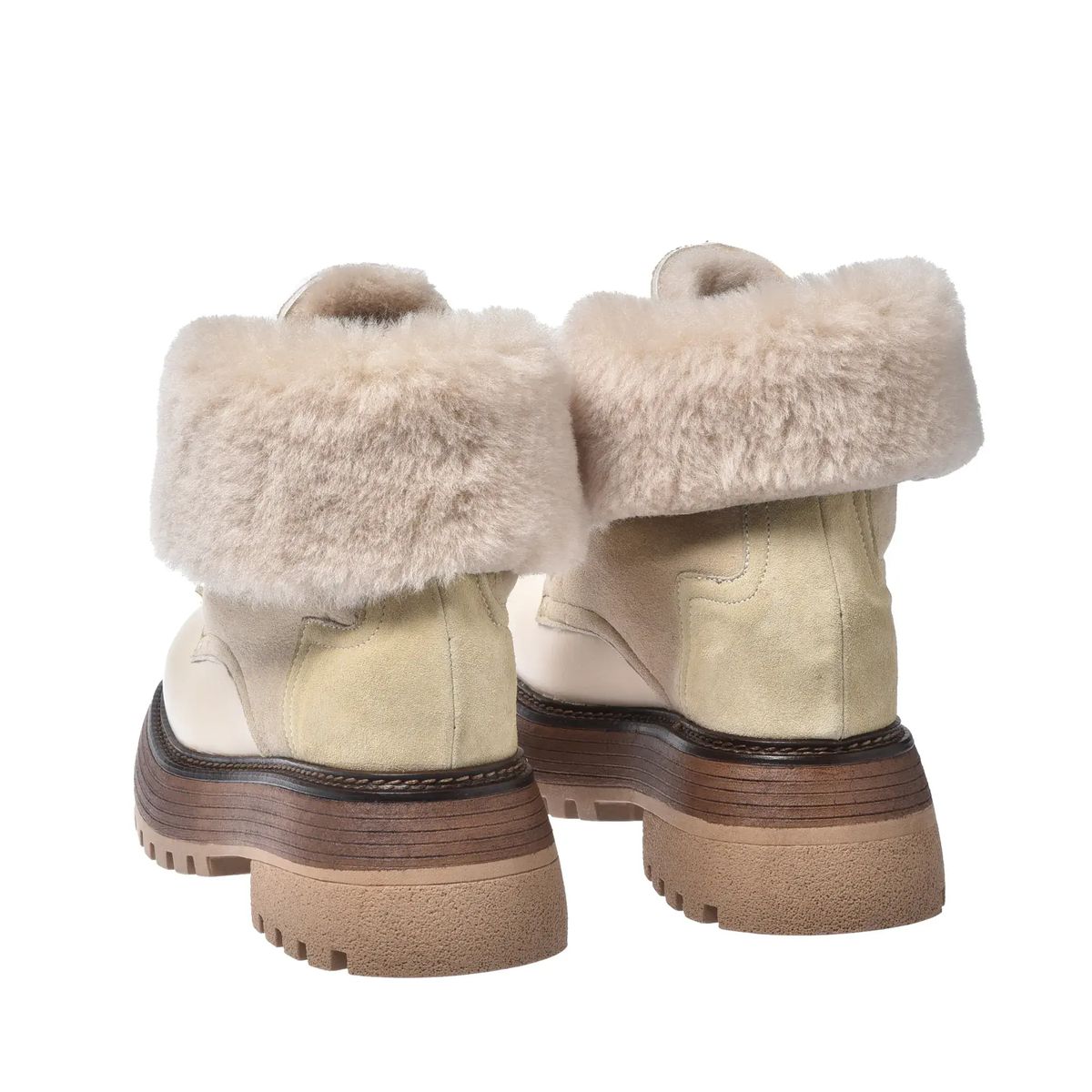 Beige Leder & Shearling Stiefeletten