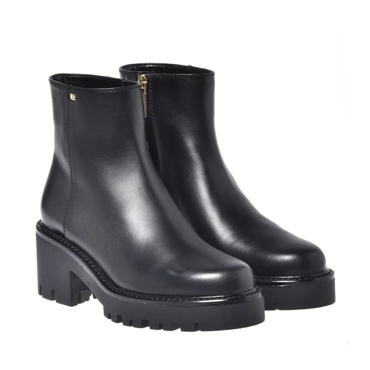 Schwarze Leder Stiefeletten mit Blockabsatz