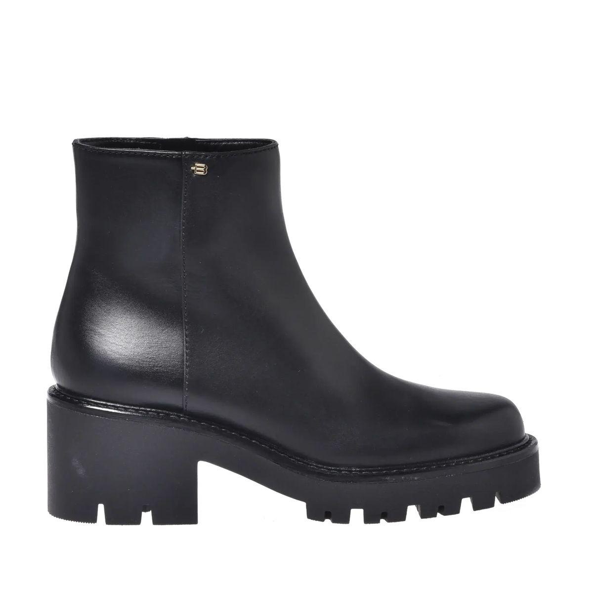 Schwarze Leder Stiefeletten mit Blockabsatz