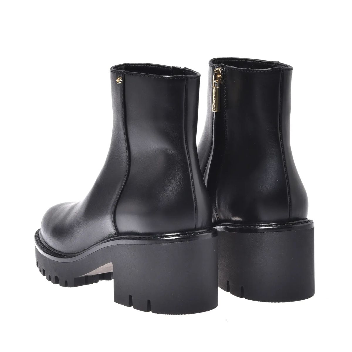 Schwarze Leder Stiefeletten mit Blockabsatz