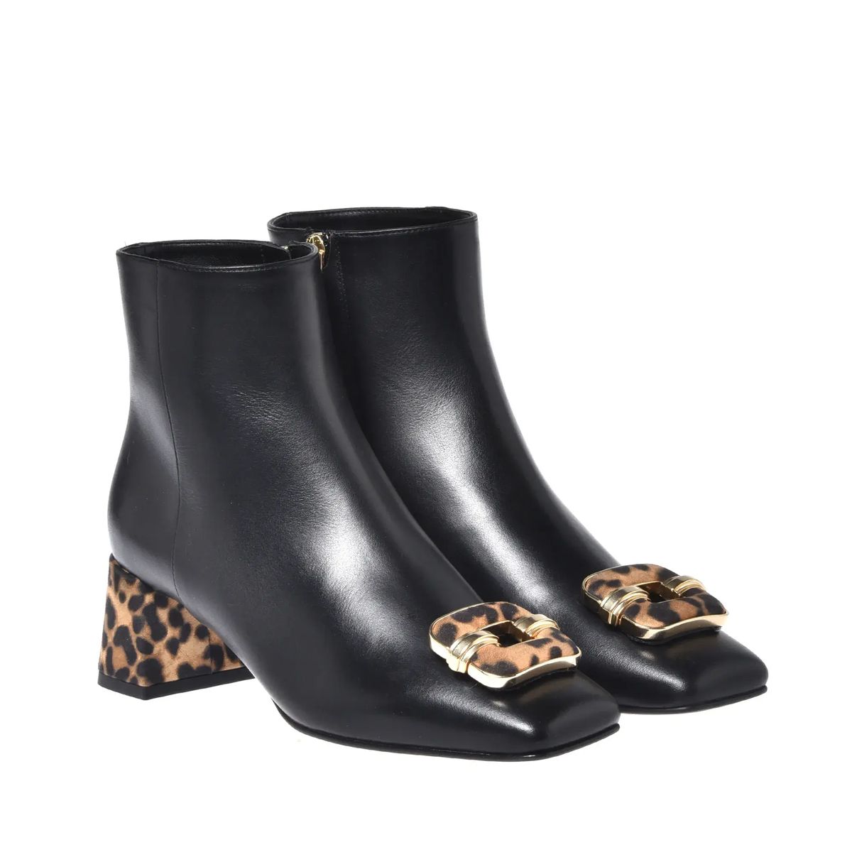 Schwarze Leder-Stiefeletten mit Leopardenmuster-Absatz