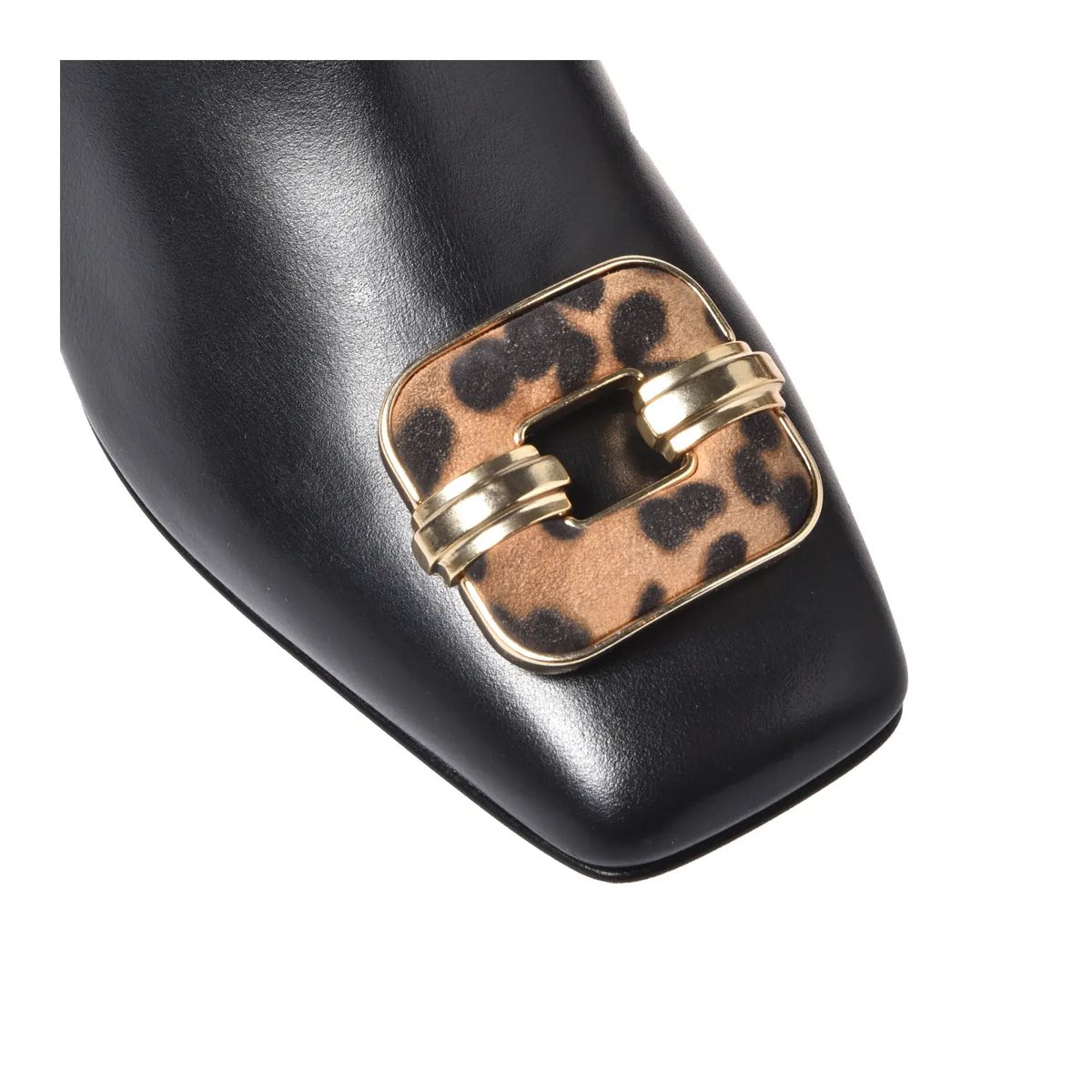 Schwarze Leder-Stiefeletten mit Leopardenmuster-Absatz