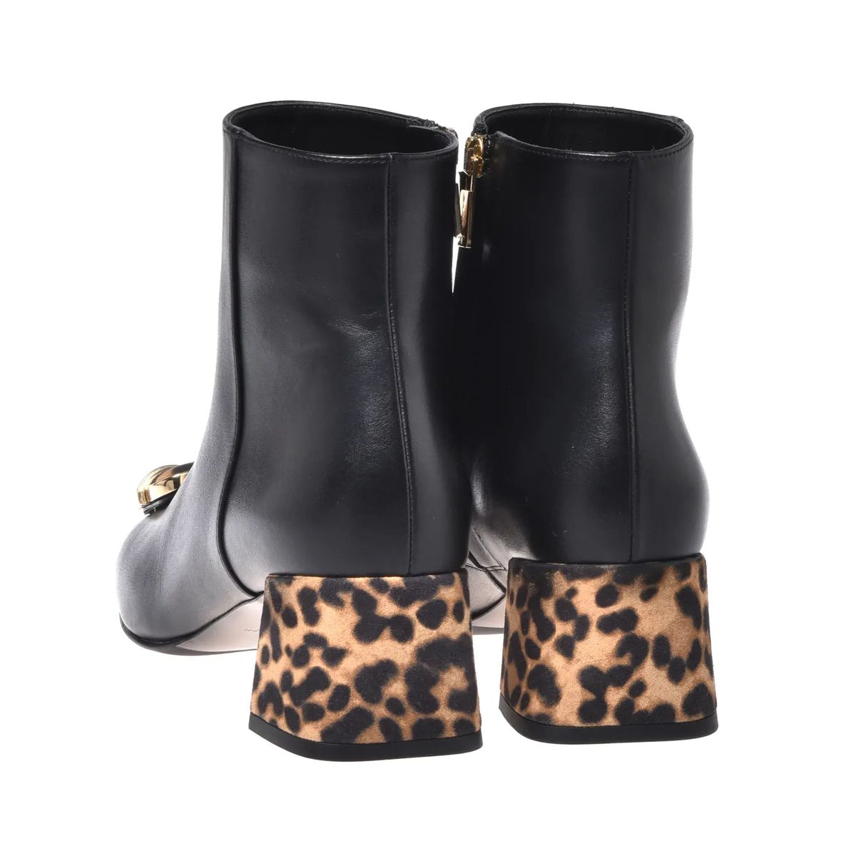 Schwarze Leder-Stiefeletten mit Leopardenmuster-Absatz