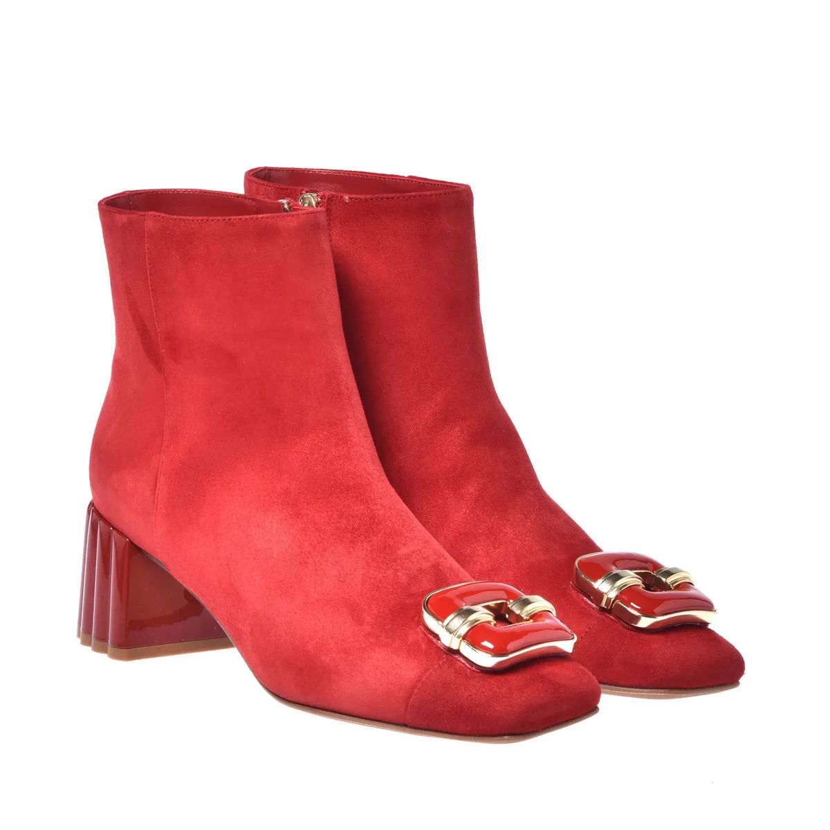 Rote Wildleder Stiefeletten mit Schnalle