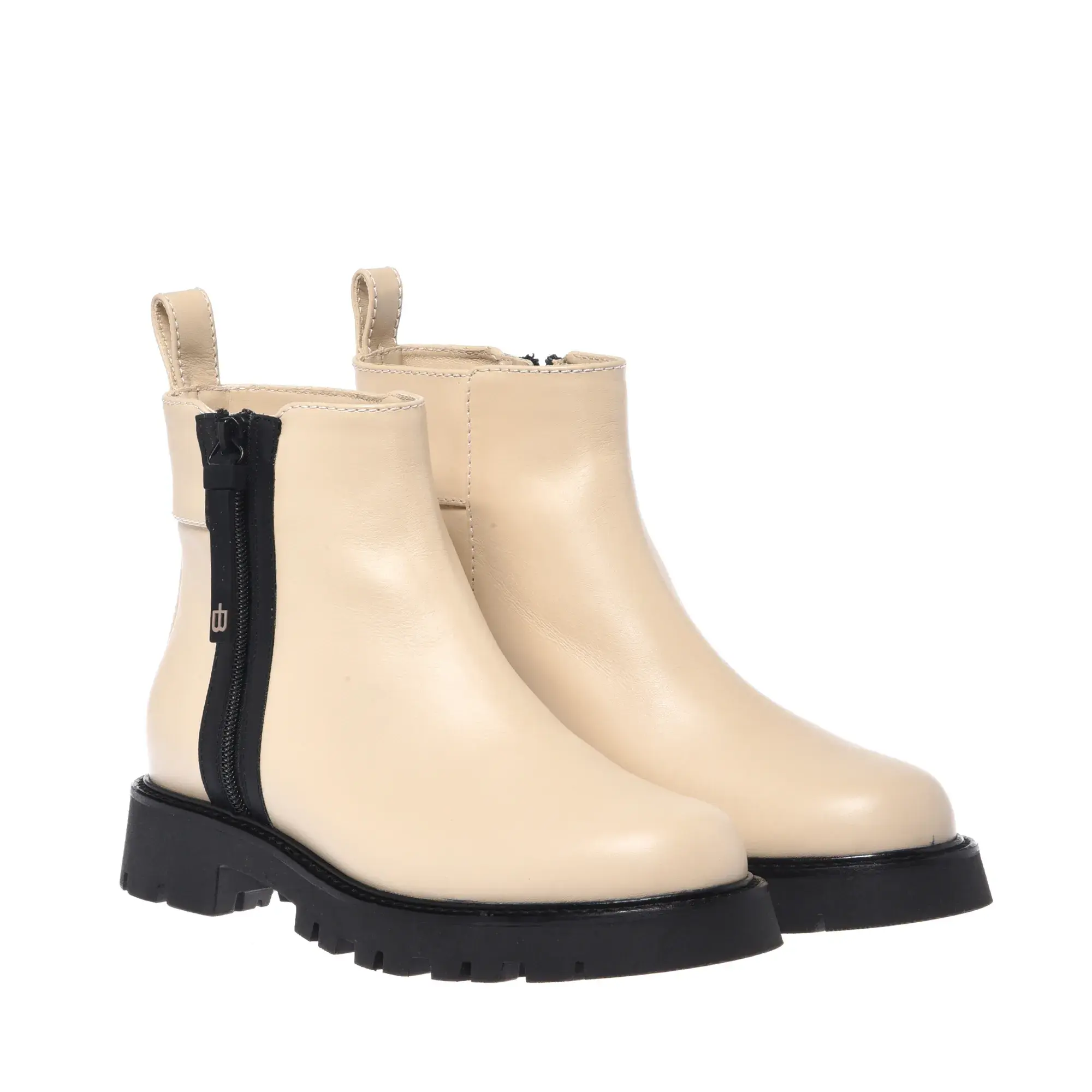Beige Leder-Stiefeletten mit Profilsohle